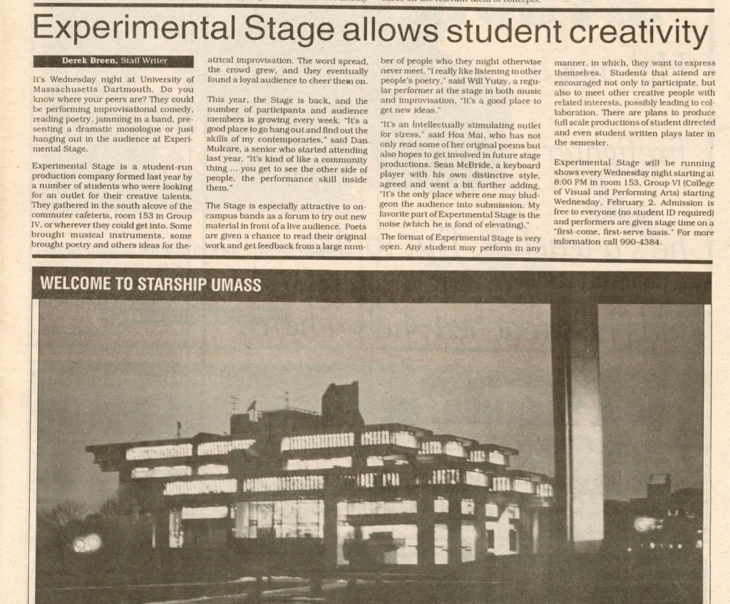 UMass Dartmouth school newspaper, 'the Torch' Vol 40, Issue 15. February 4, 1994 (2/4/1994) titled: "Experimental Stage allows student creativity"